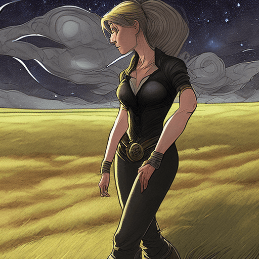 AI generated: Viewed from a rear sight, close-up, quarter of an angle perspective. A lady, out in an epic adventur...