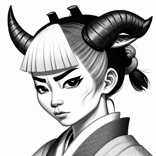 AI generated: female goat samurai, stan sakai style, short horns, black and white