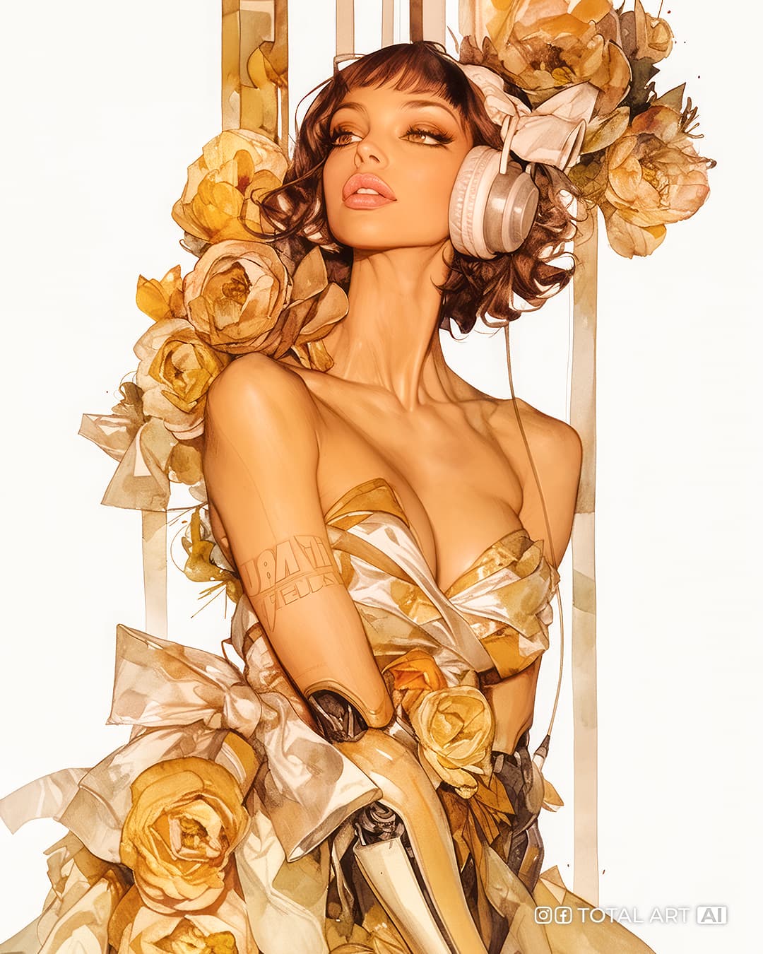 AI generated: A manga fashion watercolor illustration of the beautiful thin European model female cyborg with her ...