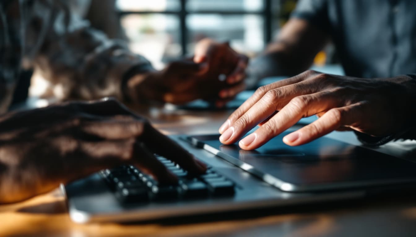 AI generated: `/imagine prompt: Tech startup team presenting new app, focus on hands:

African American developer'...