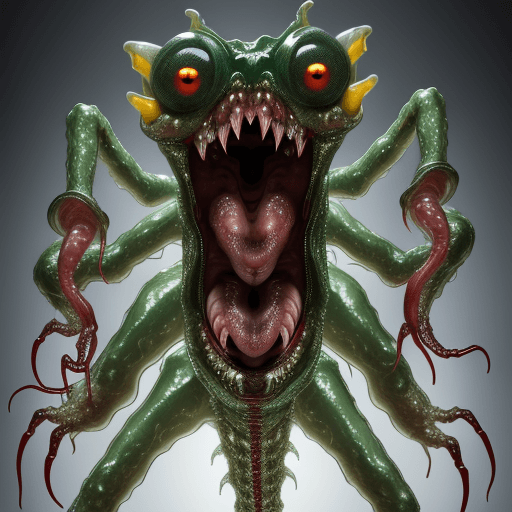 AI generated:  high quality foto of a big transparent monster, 10 legs, 3 arms, slimy, 3 heads with grimaces and b...