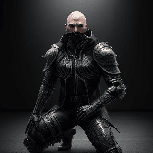 AI generated: kneeling dog pitbull knight,hyperrealistic futuristic soldier wearing cyberpunk venom jacket black d...