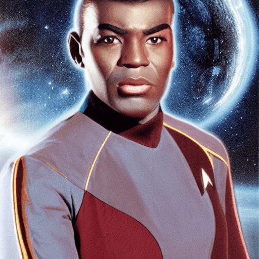 AI generated: A  dark skinned Vulcan in the Star Trek tradition wearing Star Trek uniform with the the face of the...