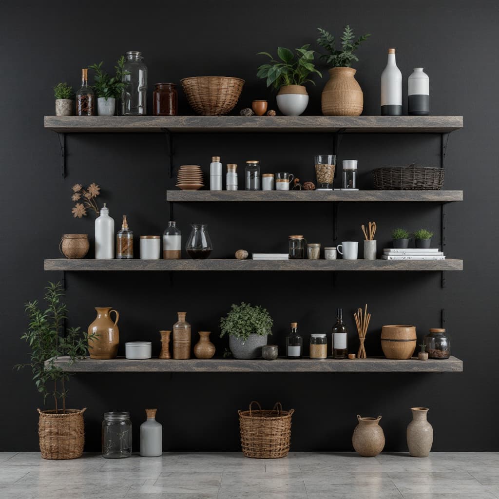 AI generated: Darker photography of shelves with different suplements