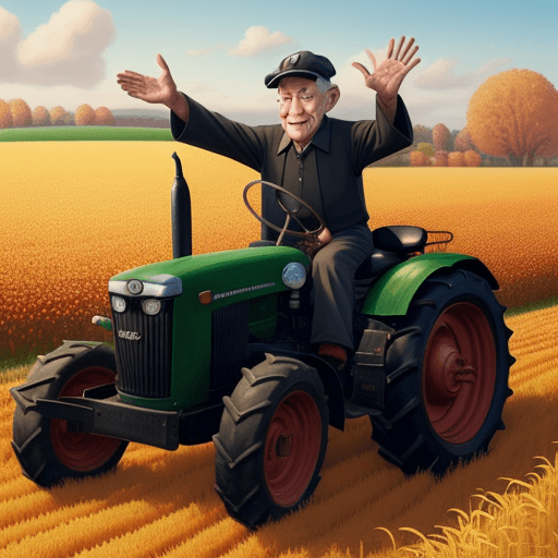 AI generated: Grandpa wearing a black Basque cap drives a tractor in the autumn field, he  is waving to his grands...
