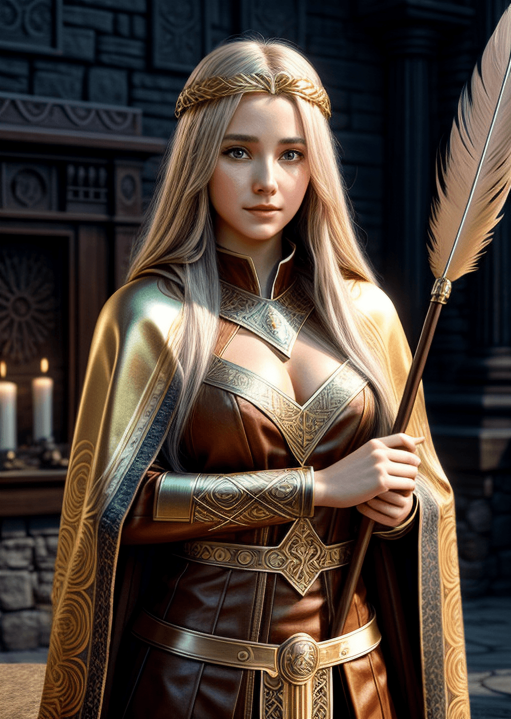 AI generated: a beautiful woman with long golden hair. She is often described as wearing a cloak made of ((falcon ...