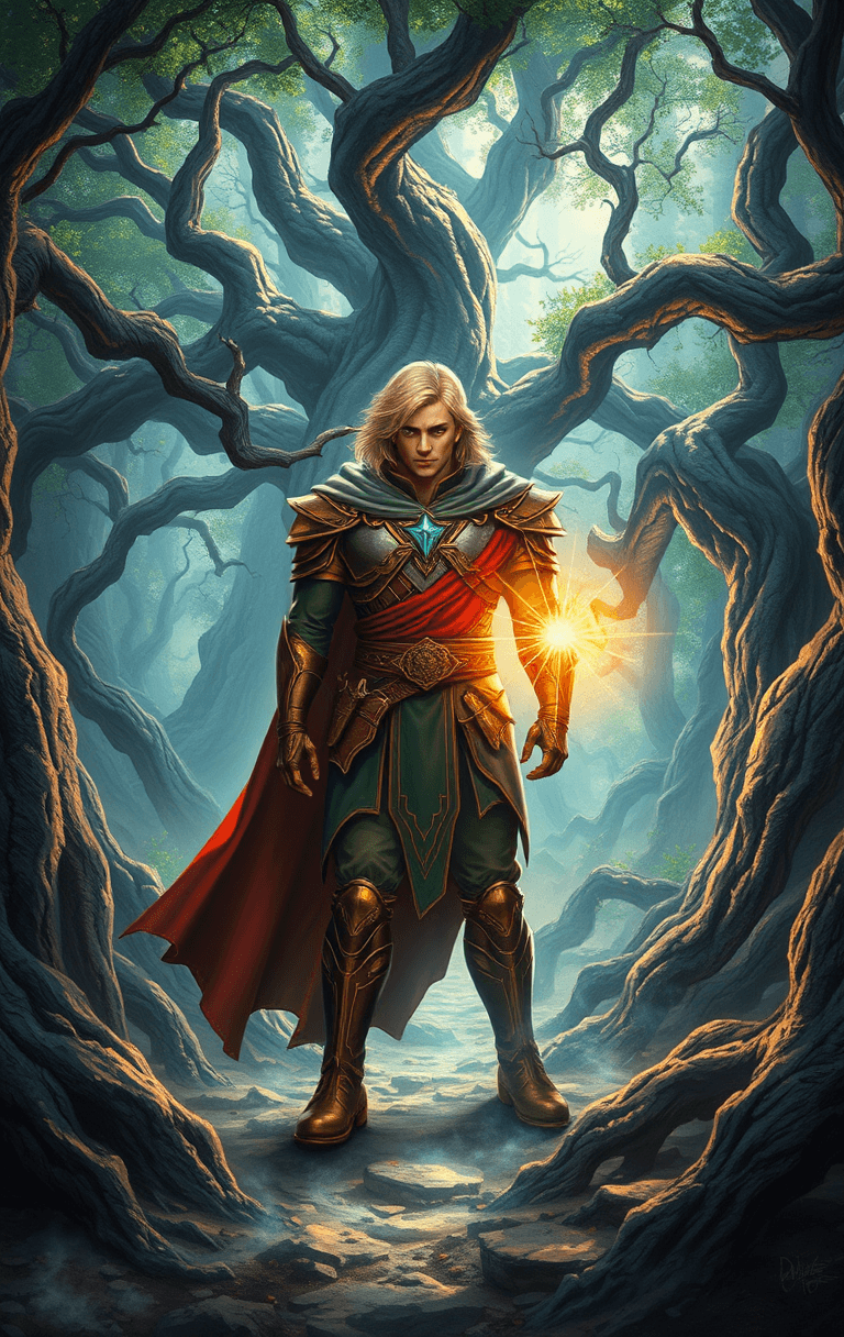 AI generated: A legendary hero stands amidst a mystical forest, surrounded by ancient trees with gnarled branches,...