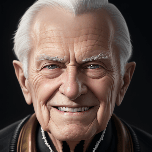 AI generated: photograph close up portrait 85-year-old Venom, clean shaven, kindly smiling at camera, stoic cinema...