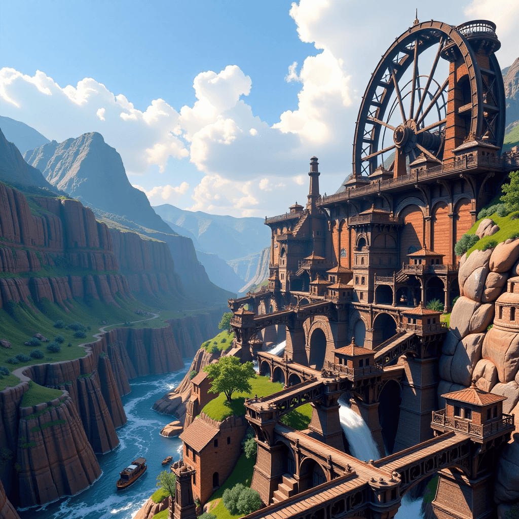 AI generated: A steampunk city powered by giant, interconnected water wheels and steam engines, nestled in a deep ...