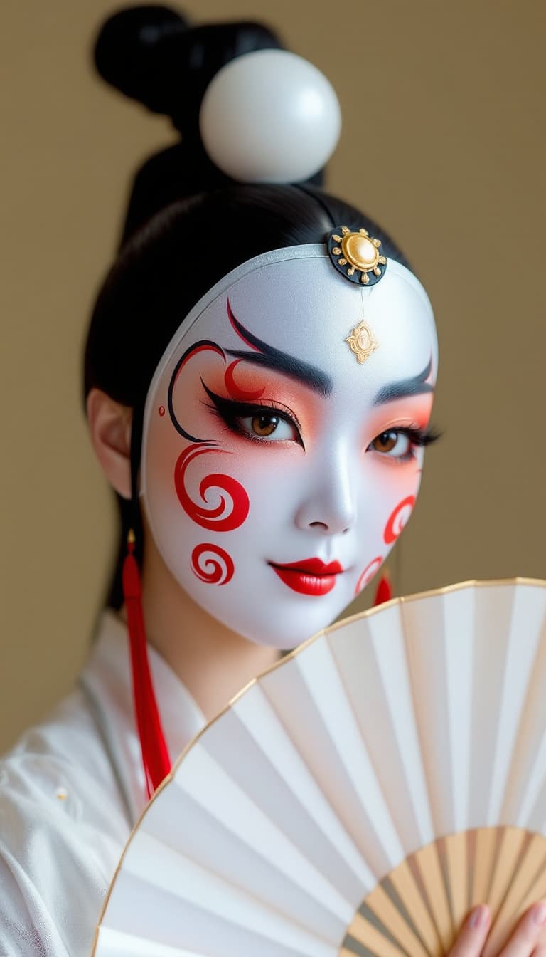 AI generated: A Sichuan Opera face-changing master, graceful and swift as the wind, holds a delicate folding fan. ...