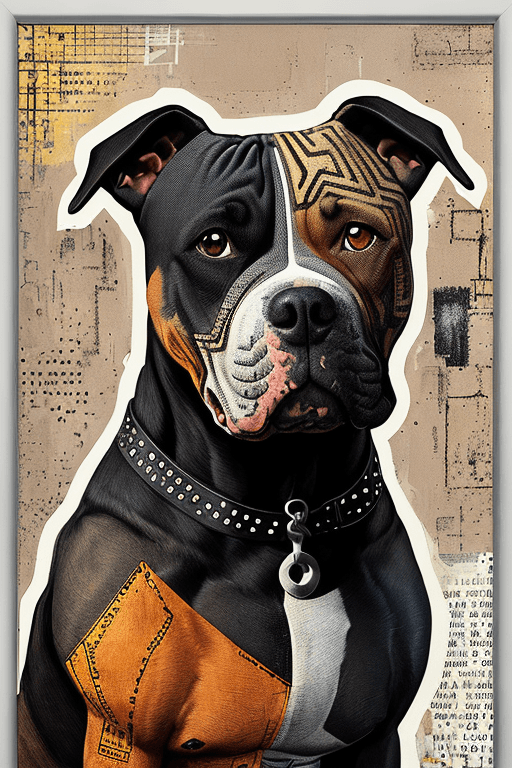 AI generated: Canine dog (pitbull), detailed background, mixed media collage, abstract,geometric,fine lines,duoton...