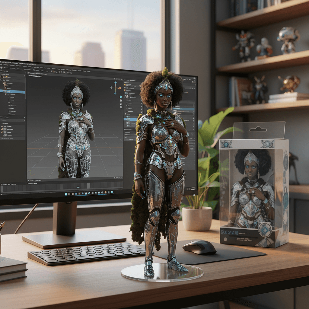 AI generated: Transforming the photographed person into a realistic 3D figurine in front of a computer desk. The c...