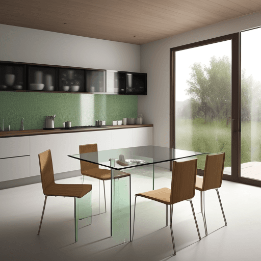 AI generated: the table and chair for the kitchen are made of natural products covered with glass in a modern way