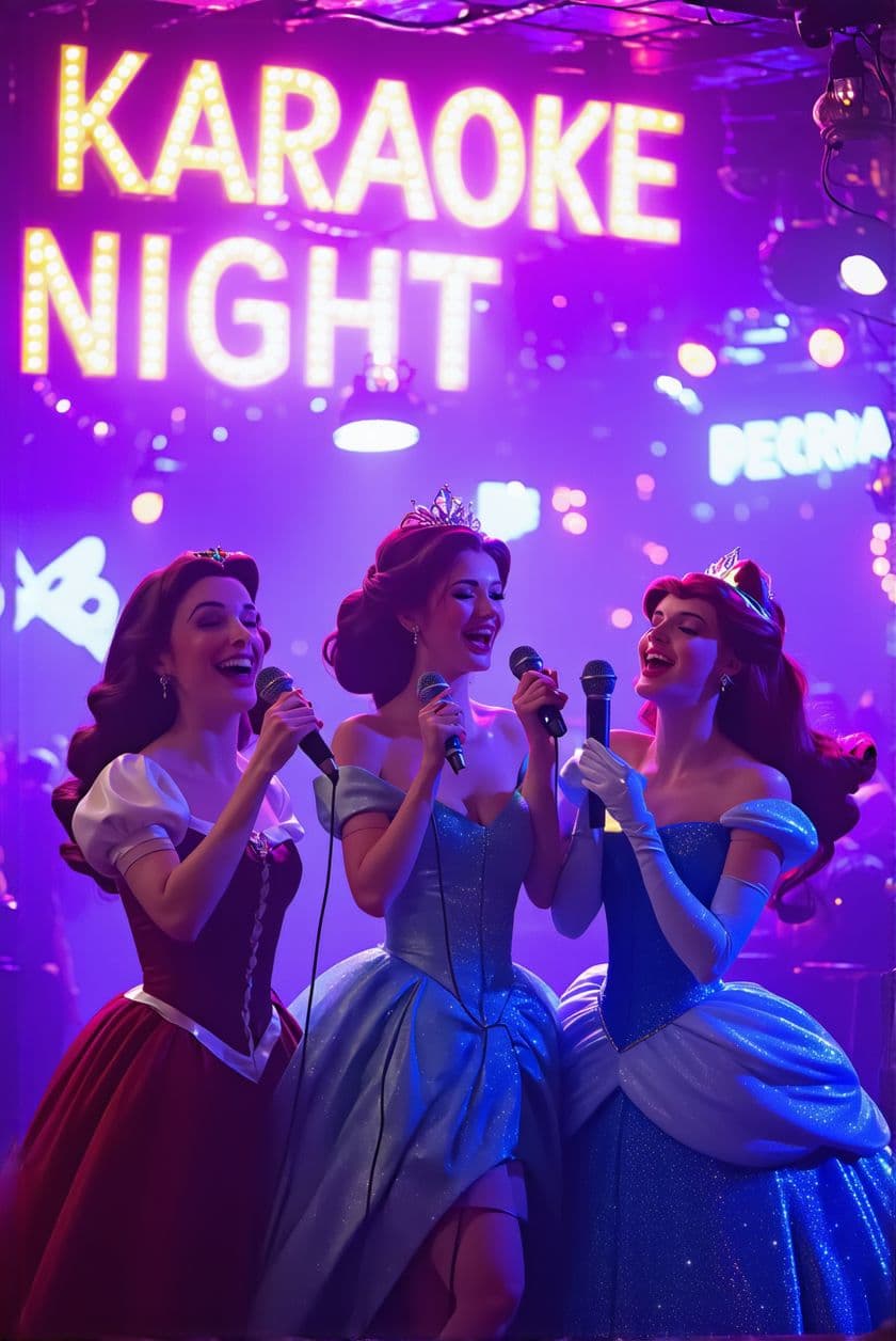 AI generated: A hyper-realistic, cinematic photo of three real-life fairytale princesses at a modern karaoke bar. ...