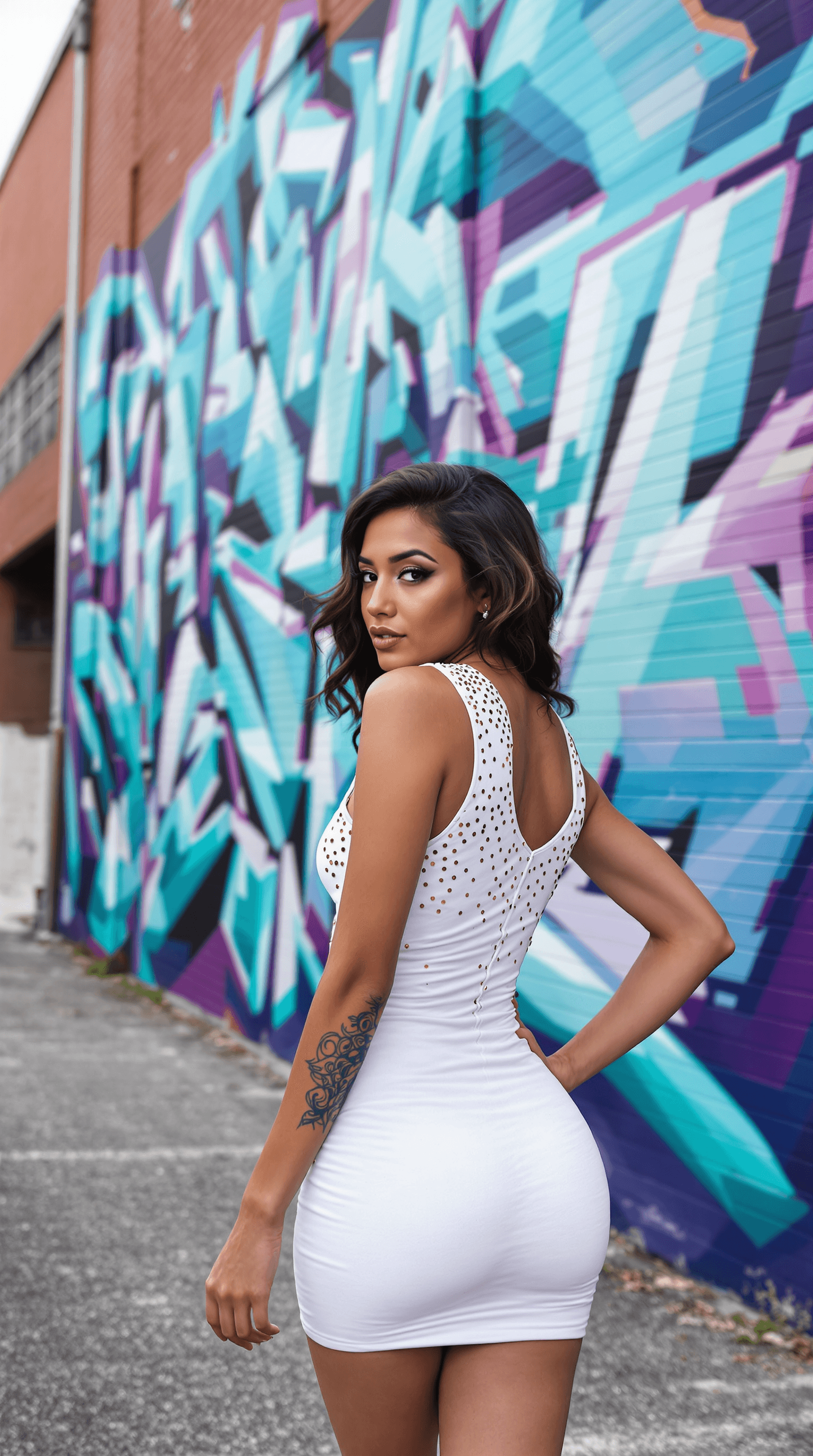 AI generated: An amateur photo from behind a 20-year-old South American woman looking back dressed in a sleek whit...