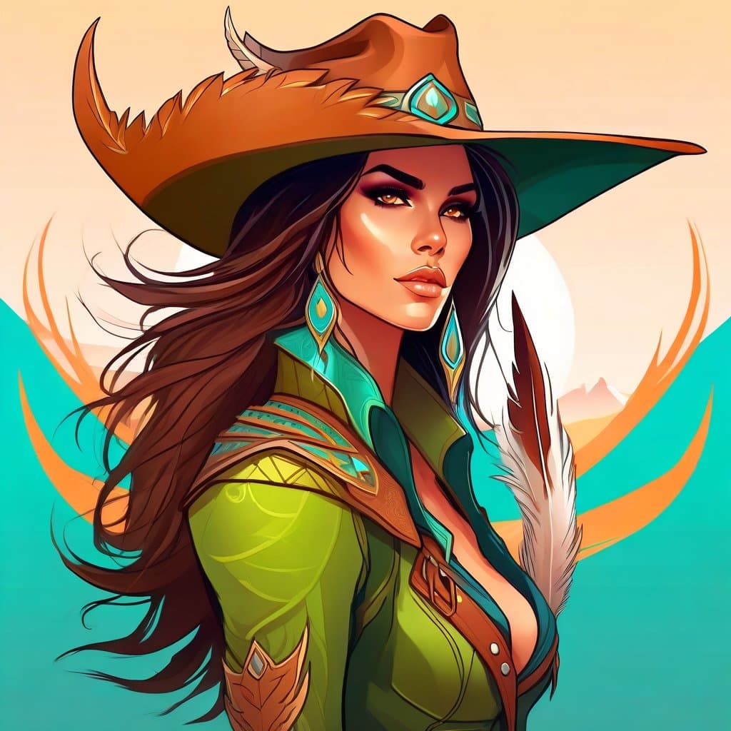 AI generated: A portrait of a western style poster of a stunning native american female, slight cyan/green cast, g...