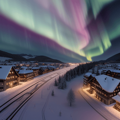 AI generated: This is a hyperrealistic CG rendering of a Swiss town. Rainbow colored aurora in the sky shining on ...