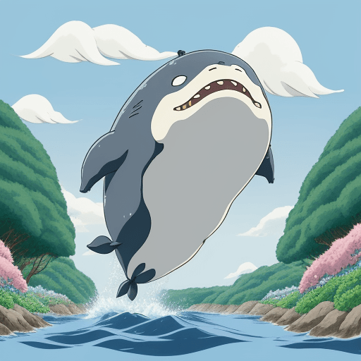 AI generated: Create an illustration Ghibli Style 2D of a happy Whale raising from the Water sorrounded by japanes...