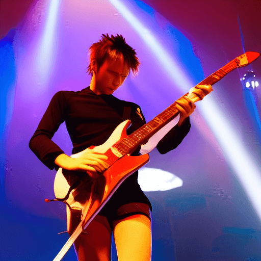 AI generated: Very high resolution image of Rin from Muse Dash playing guitar on a stage with overhead lights