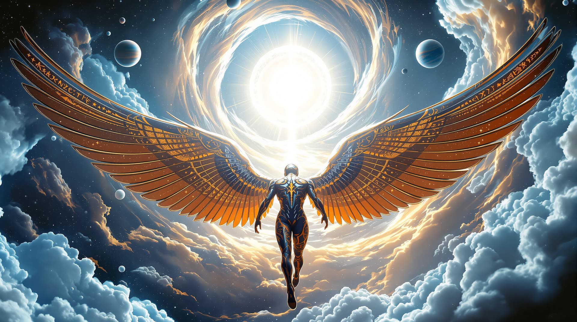 AI generated:  Image is a digital artwork featuring a close up view  of a futuristic, celestial scene. At the cent...