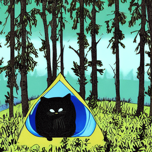 AI generated: illustration view is inside of the tent looks black cat, lake and forest