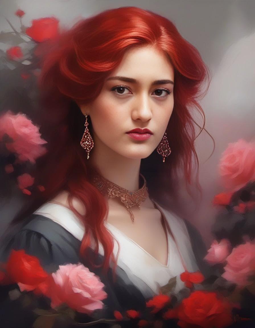 AI generated: red hair, earring, pink hair, gray eyes, long hair, diamond choker, black collar, tattered, stand up...