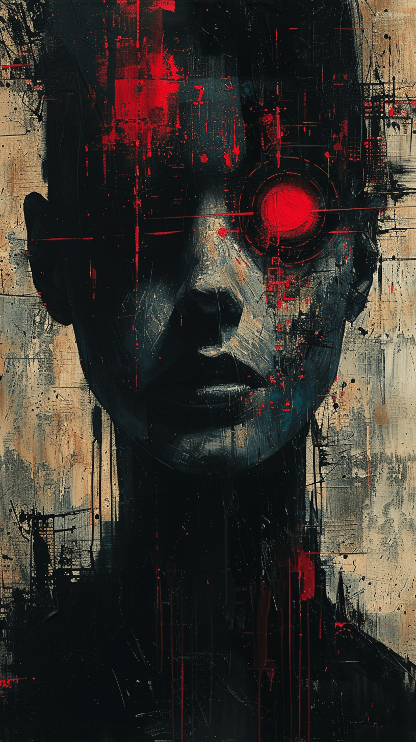AI generated: artistic, oil painting, front view of an upper body, horror, blacks and red, dystopian --ar 9:16 --s...