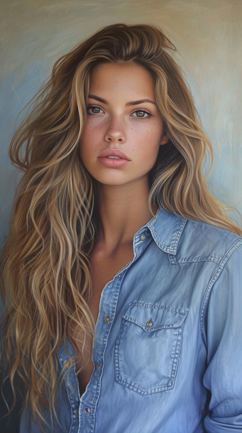 AI generated: a painting of a woman in a blue shirt, like artgerm, brown-blond-hair pretty face, feminine female, ...
