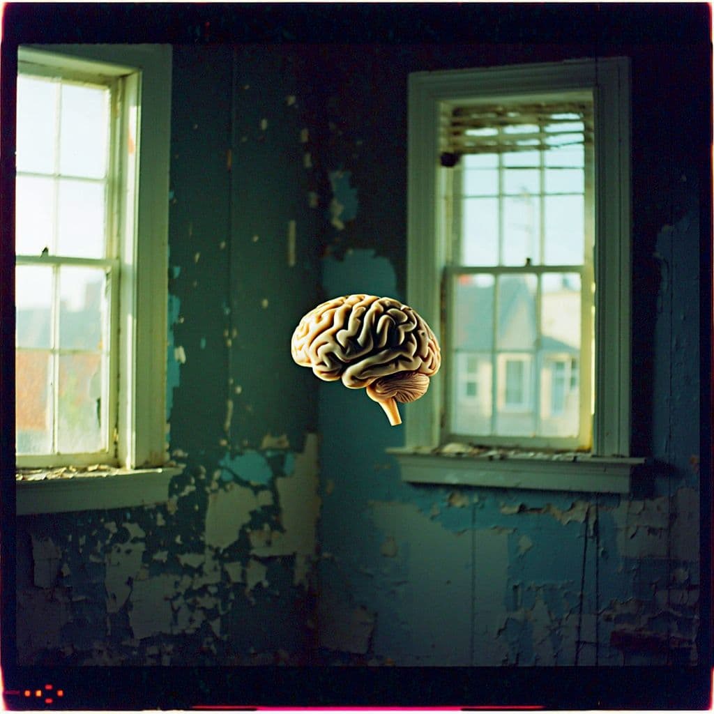 AI generated: grainy 80's photograph quality polaroid of a living brain caught in an abandoned house, dark