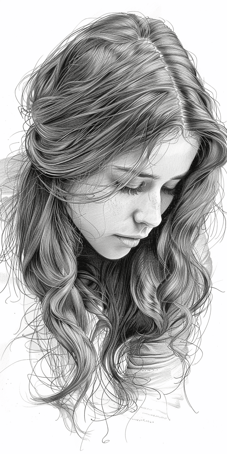 AI generated: pencil sketch, woman with long hair, hyperdetailed --ar 1:2 --stylize 750