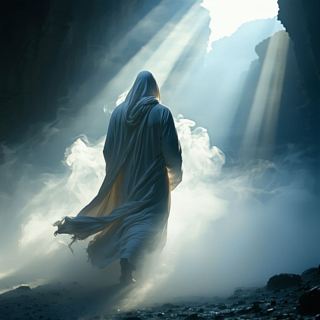AI generated: A fine art, hyper-realistic, cinematic image of a men in white robes streaming into the light of hea...