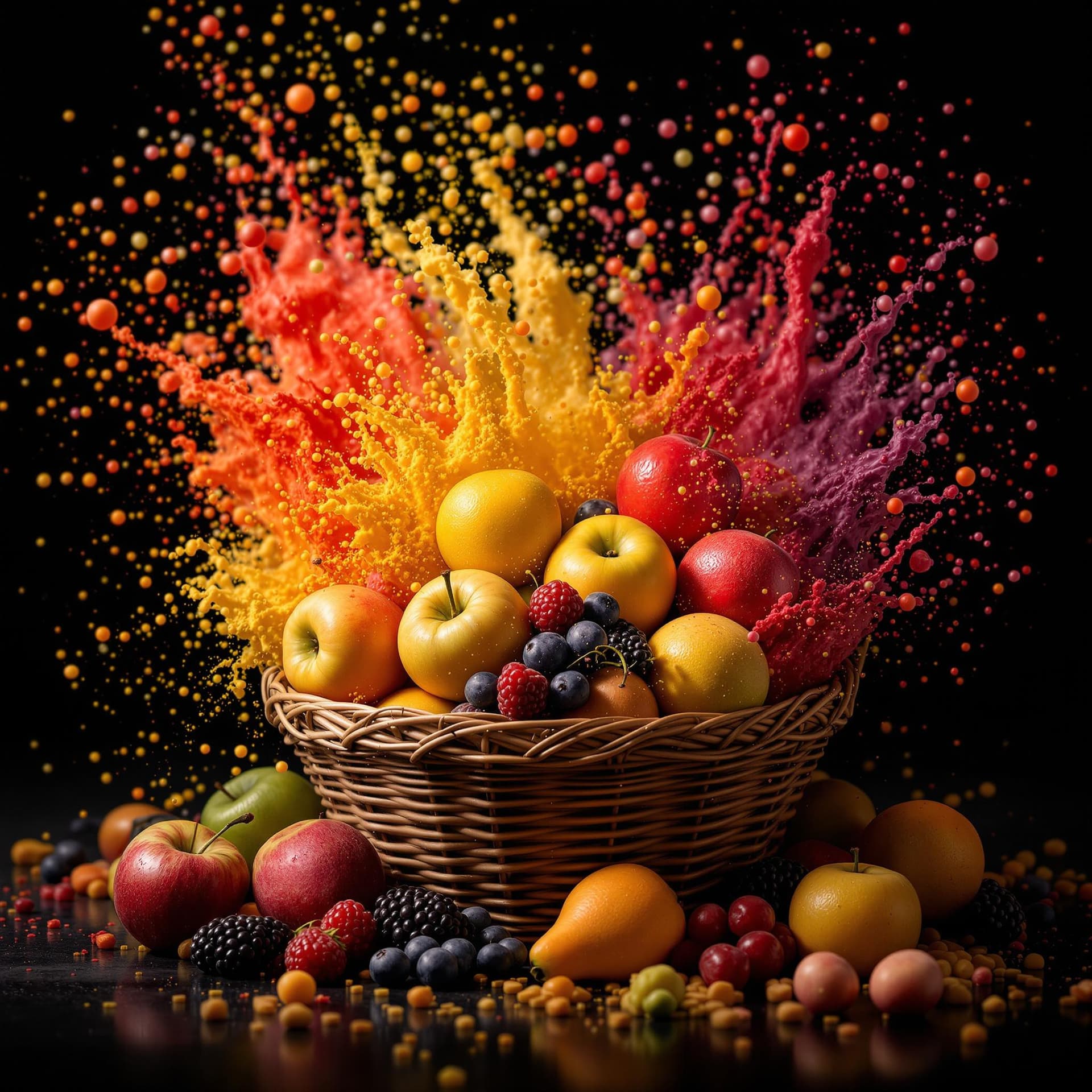 AI generated: a basket of colorful fruits, with extreme contrast, extreme details, explode with huge particles spl...