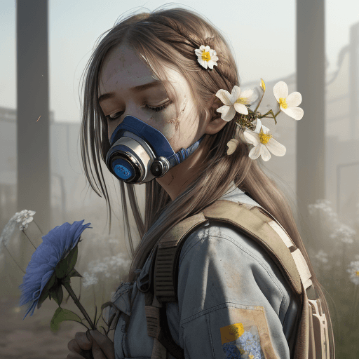 AI generated: 1 girl, post-apocalypse, dust in the background, ash in the air, transparent respirator on face, glo...