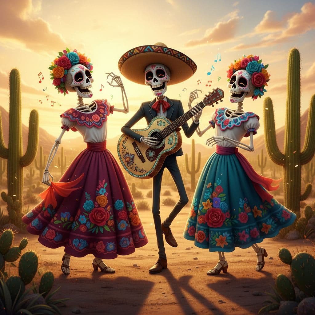 AI generated: Tres figuras en un desierto amplio con cactus: dos figuras con cuerpos de calavera, y una tercera fi...