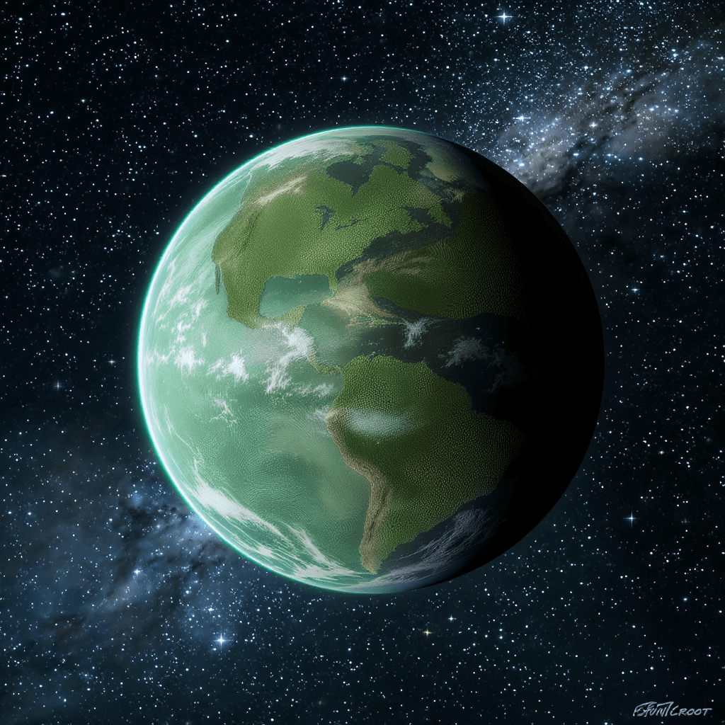 AI generated: a Forest Green Planet with large bodies of water but the waters black and it is floating in outer sp...