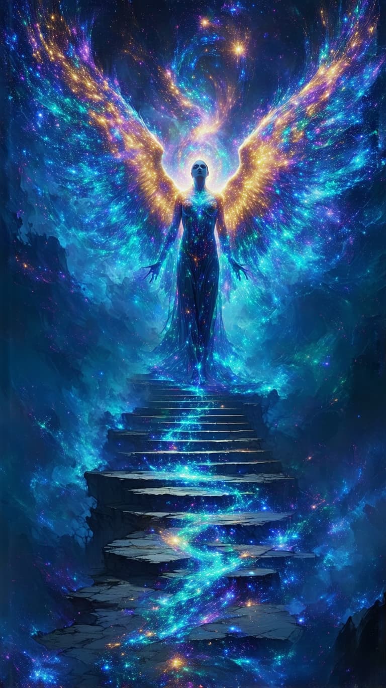AI generated: A colossal, radiant figure emerges from a vortex of pure celestial energy, their form woven from gol...