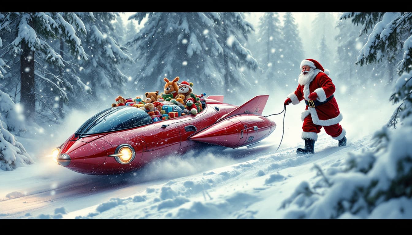 AI generated: Cinematic scene. Winter forest covered with snow. A painted red futuristic rocket powered sleigh tow...