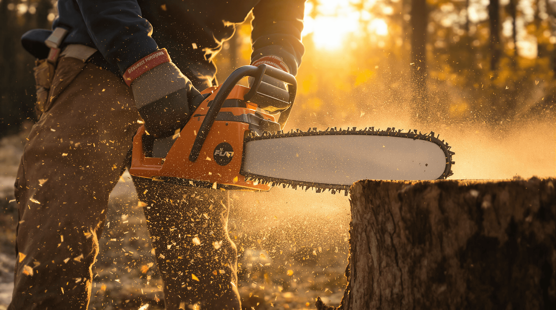 AI generated: Lumberjack cutting wood with chainsaw, close-up action shot, sawdust flying, golden hour sunlight, a...