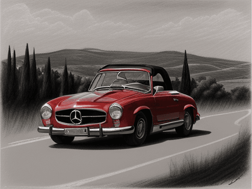 AI generated: charcoal drawing red Mercedes 190 SL, little road in tuscany