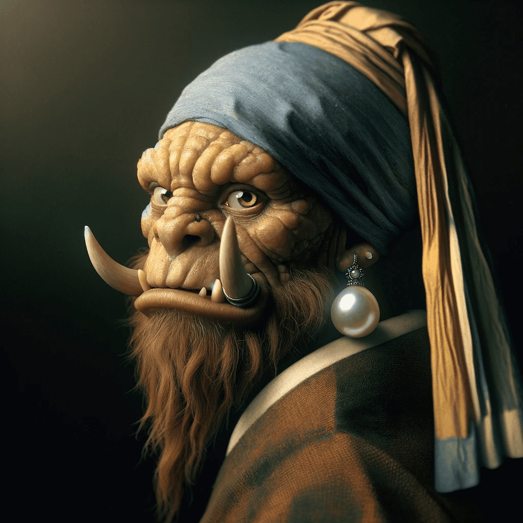 AI generated: Image inspired by Johannes Vermeer's 'Girl with a Pearl Earring', reimagined with an ogre as the sub...