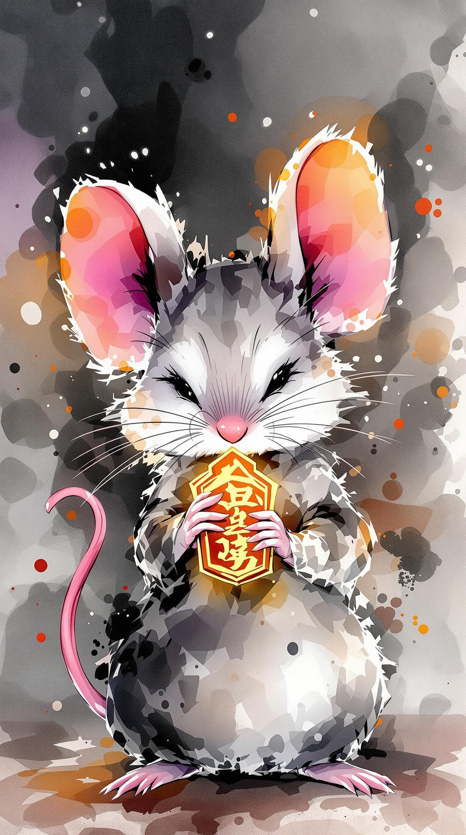 AI generated: cute Mouse with straight face grabing a protective talisman, detailed, ink style, Ink splash art on ...