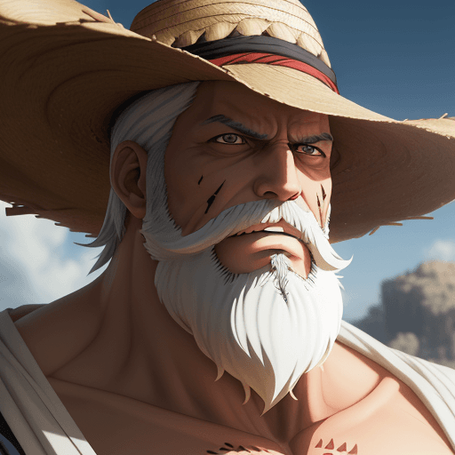 AI generated: White beard, one piece anime, X-shaped scar on his chest, Straw Hat, symmetrical body, portrait, cin...