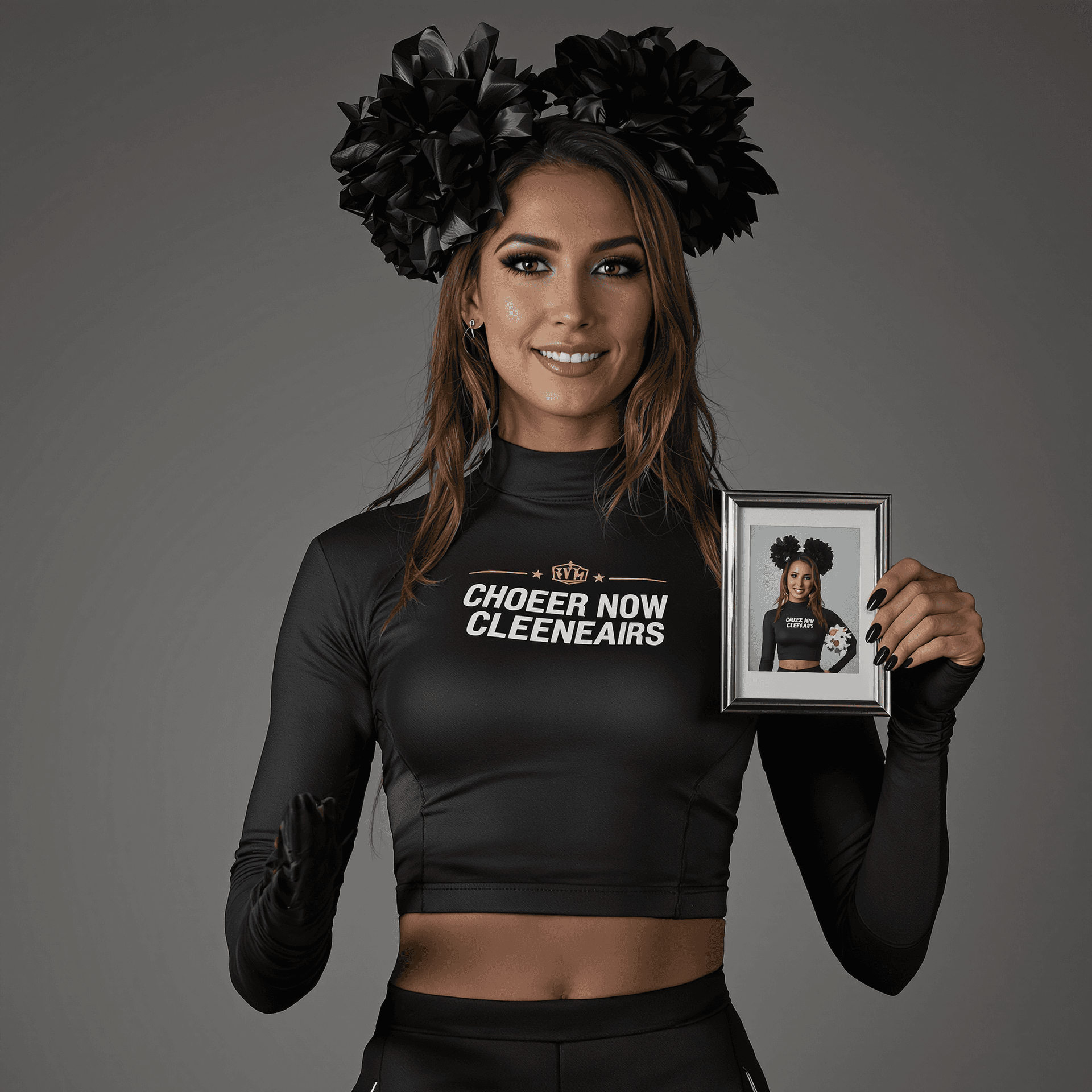 AI generated: An ultra realistic picture of a woman from head to toe dressed in a matte black cheerleader costume....