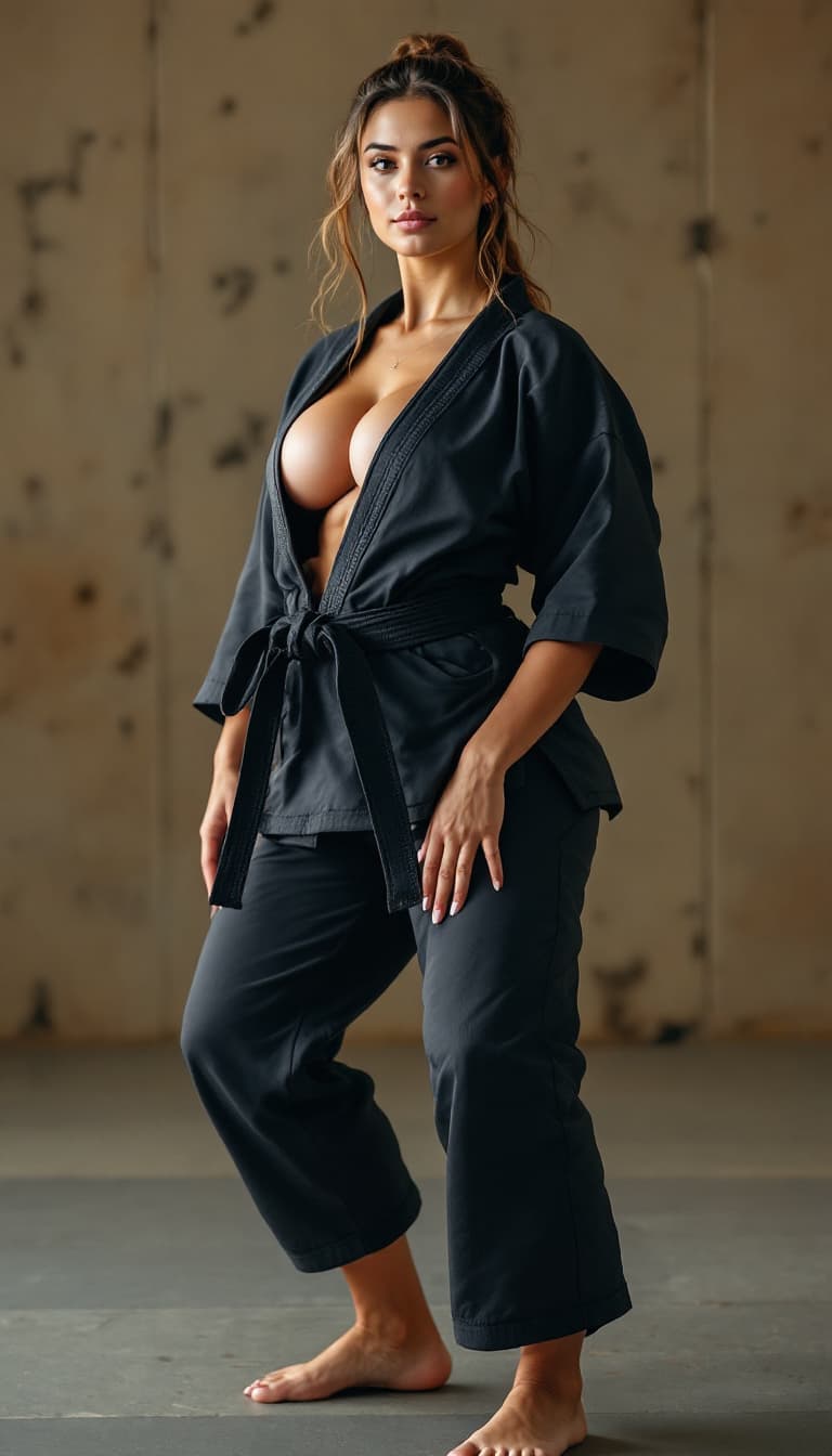 AI generated: beautiful girl, fit, thick, ((workout in judo dojo )), (judo GI and yoga pants), big breast, workout...