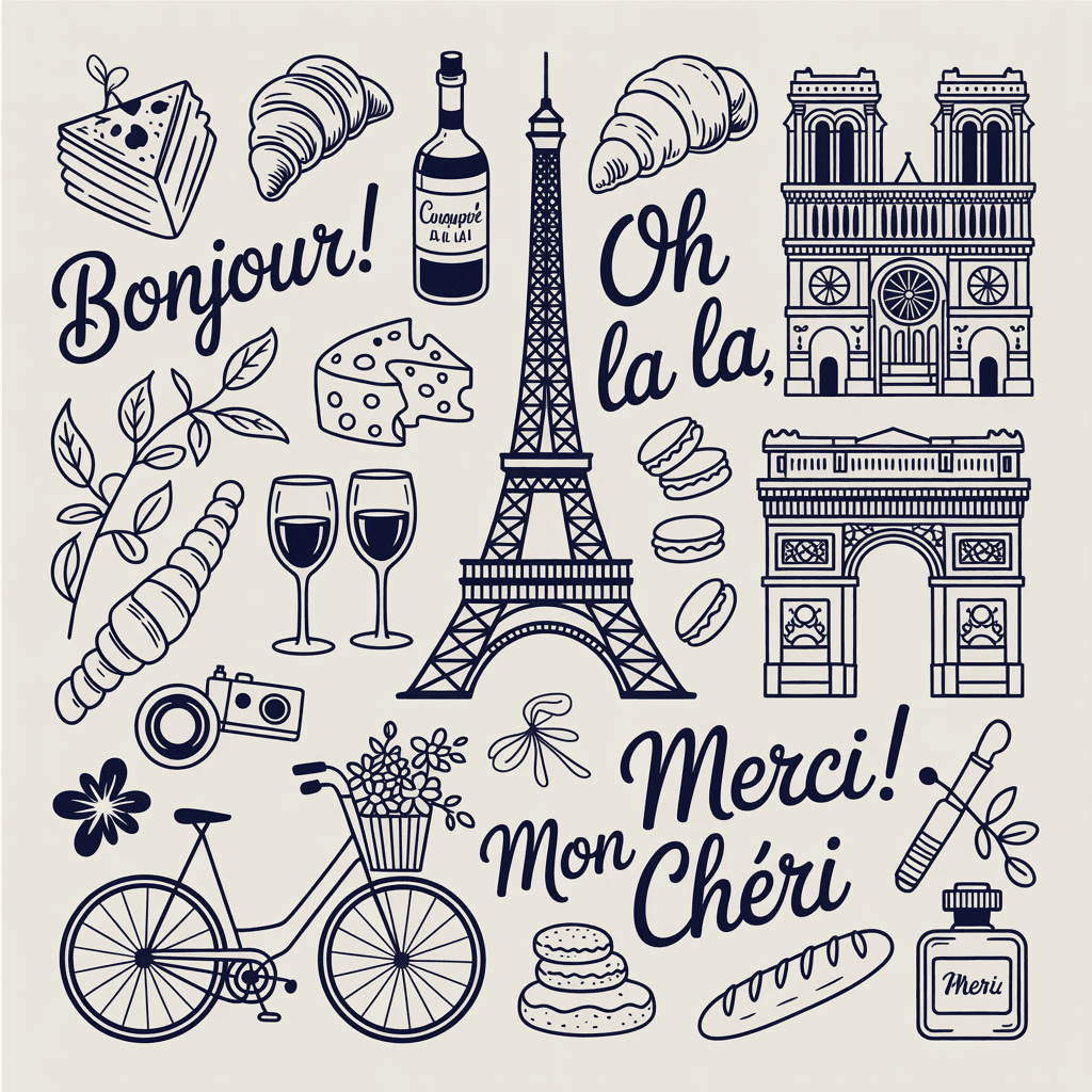AI generated: A whimsical line art digital illustration celebrating Paris in a playful and romantic style. The com...