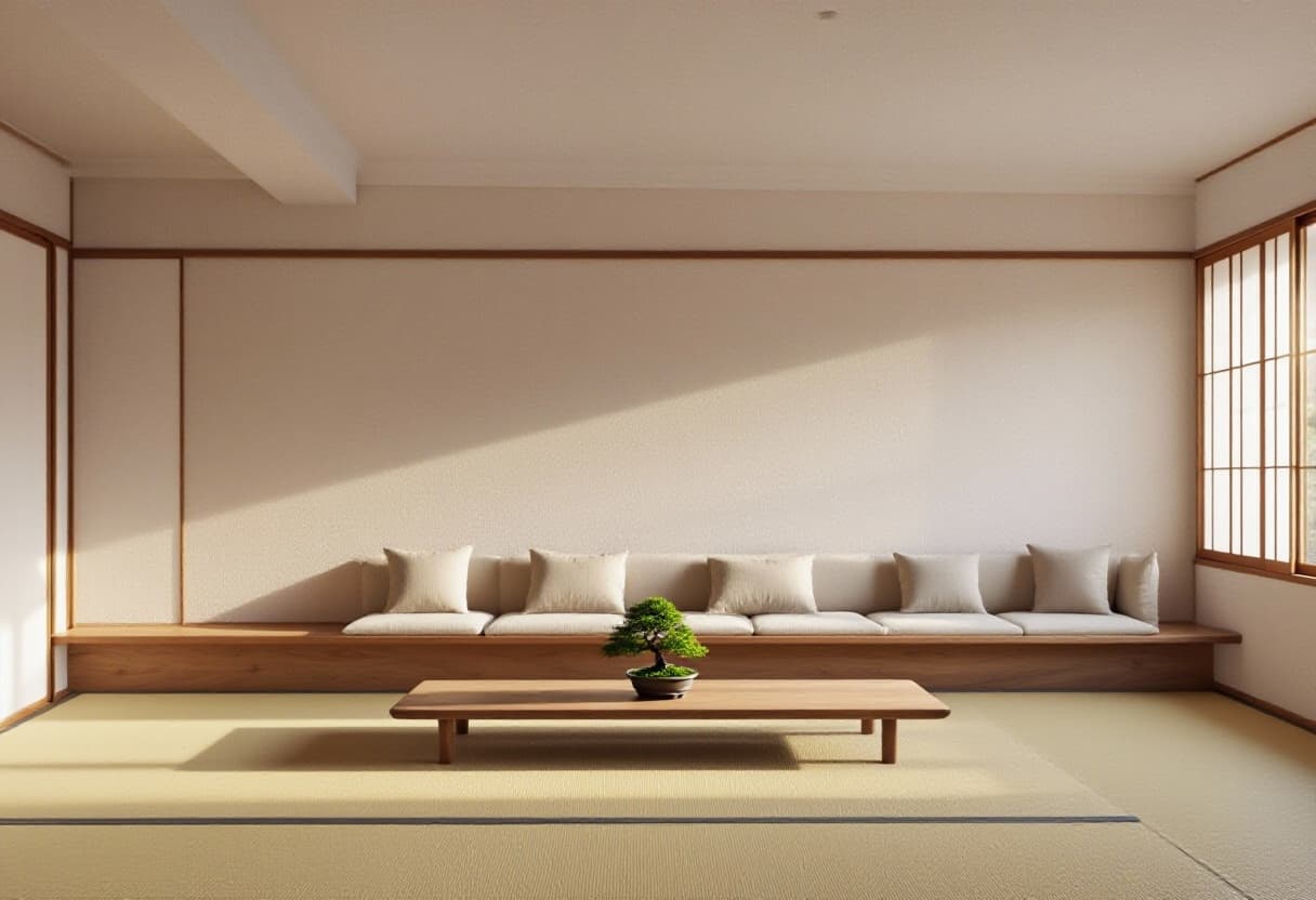 AI generated: Add a low wooden platform sofa with beige linen cushions, a simple rectangular wooden table in the c...