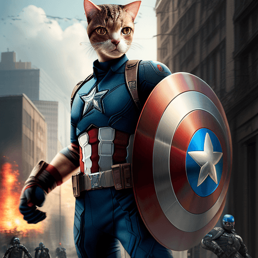 AI generated: cat head anthropomorphic humanoid body, movie poster, Captain America character with shield, high de...
