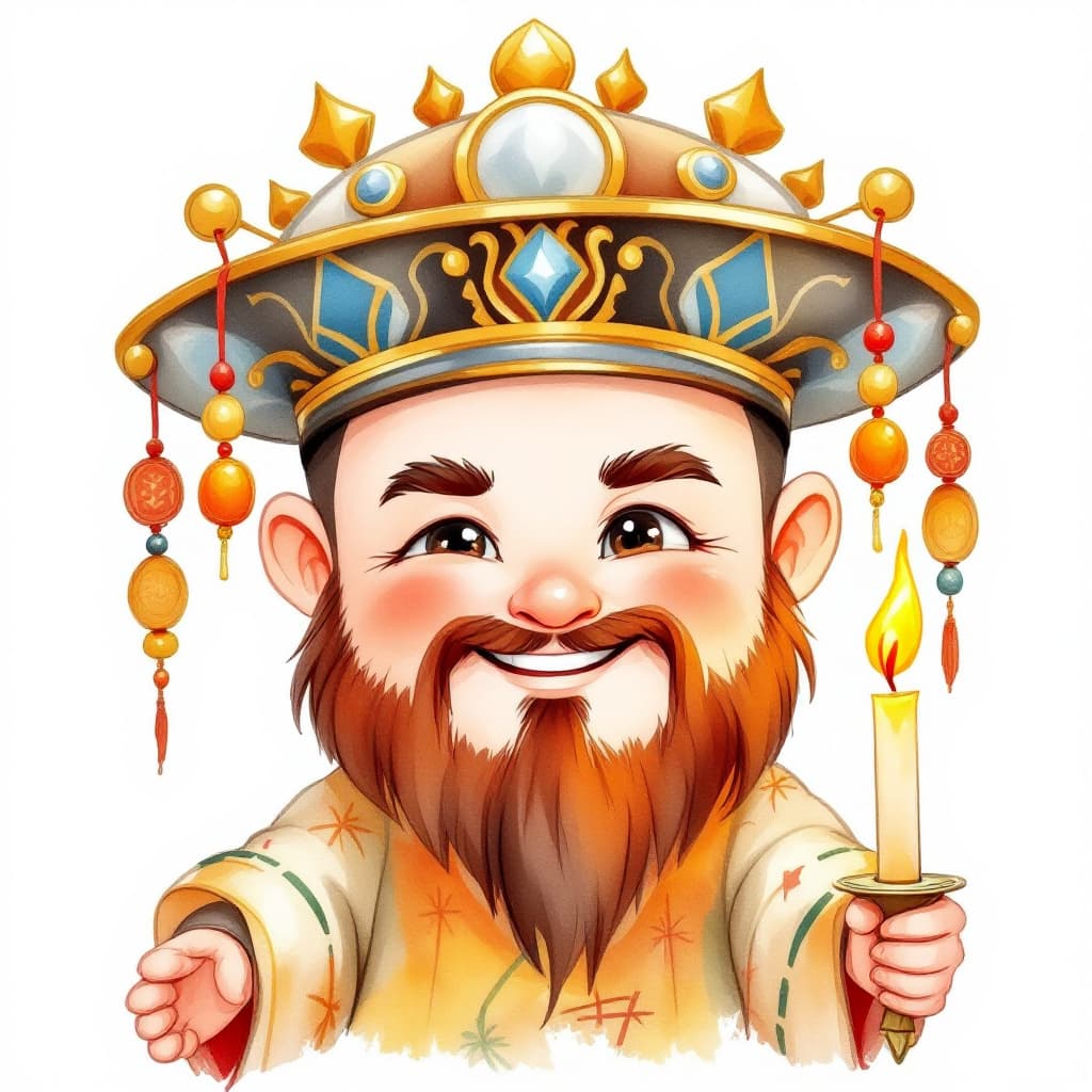 AI generated: A cute, oriental, Taoist, male, god, watercolor cartoon, propagandist, wearing a crown, eyes slightl...