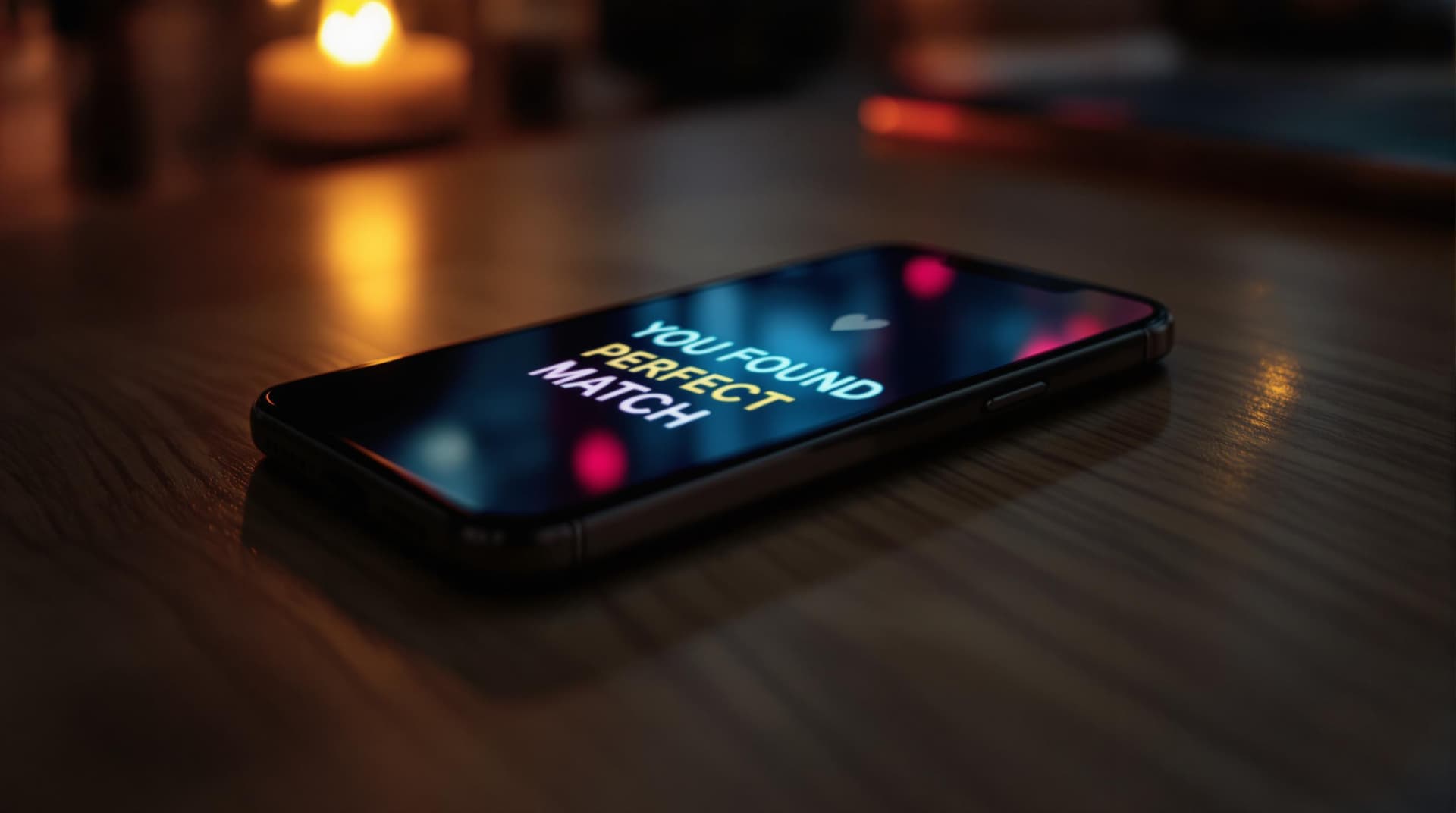 AI generated: "A close-up shot of a smartphone from lying on a wooden table in dimly lit flat. The screen displays...