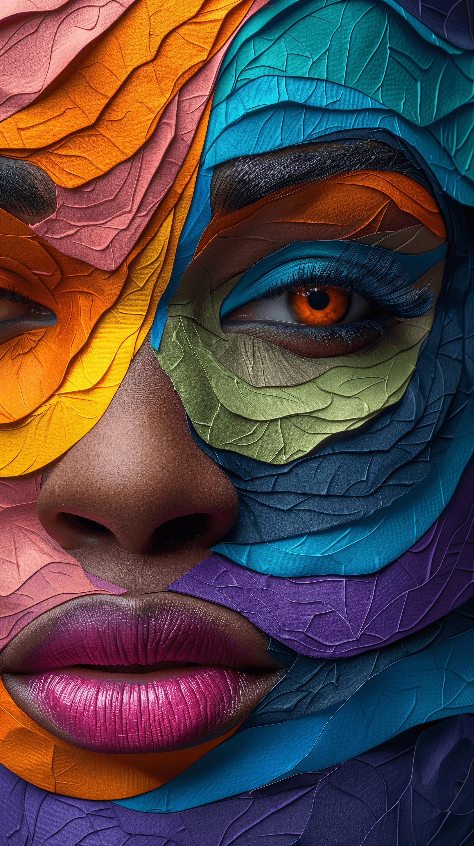 AI generated: 3d rendering, front view, woman face, paper work for a tactile style, select a color palette with vi...